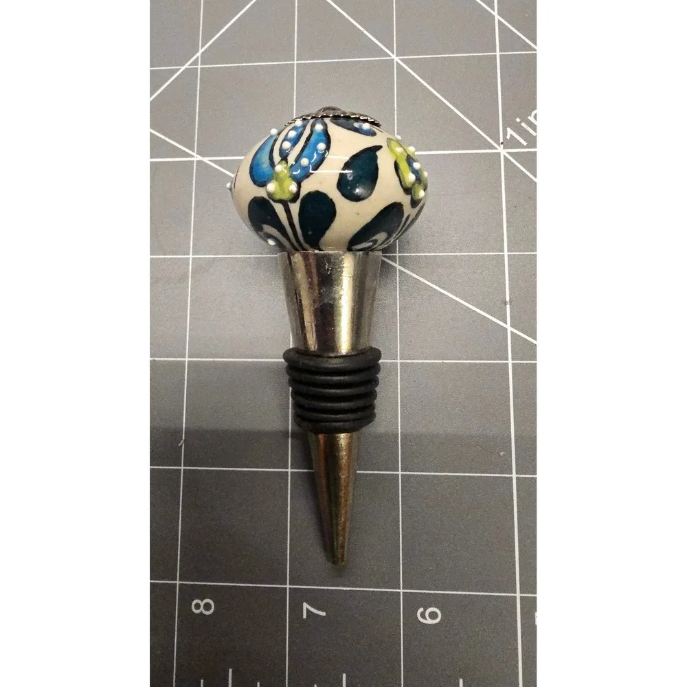 Hand Painted Ceramic Floral Wine Bottle Stopper Blue Green Decorative Barware
